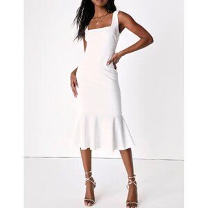 Lulus Moment Maker White Square Neck Trumpet Midi Dress Sz Small Womens White